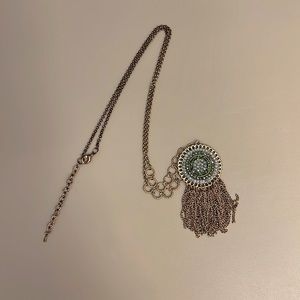 Brassy Gold Tone Necklace with Circle Tassel Pendant & Blue Stones